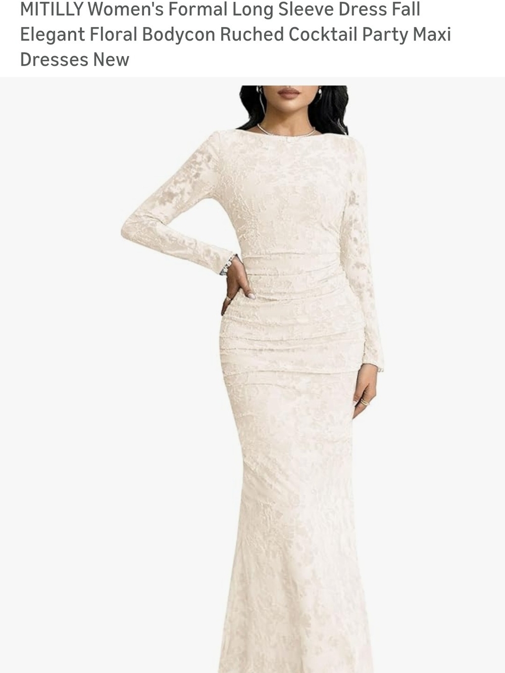 Elegant Long-Sleeve Floral Bodycon Maxi Dress in Cream